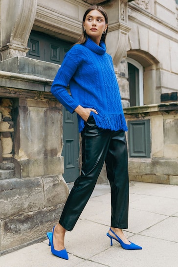 Roman Blue Cable Knit Roll Neck Fringed Jumper