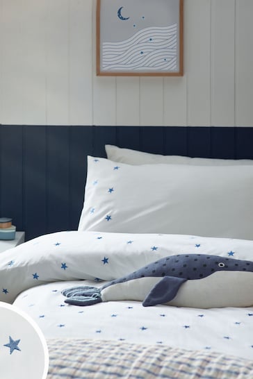 White/Blue Stars 100% Cotton Embroidered Bedding Duvet Cover and Pillowcase Set