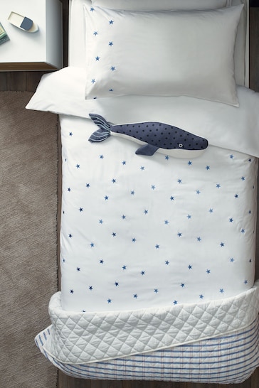 White/Blue Stars 100% Cotton Embroidered Bedding Duvet Cover and Pillowcase Set