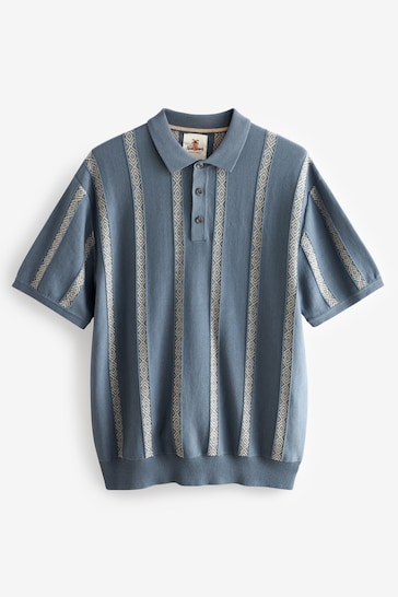 Blue Knitted Pattern Stripe Regular Fit Polo Shirt