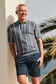 Blue Knitted Pattern Stripe Regular Fit Polo Shirt - Image 2 of 8