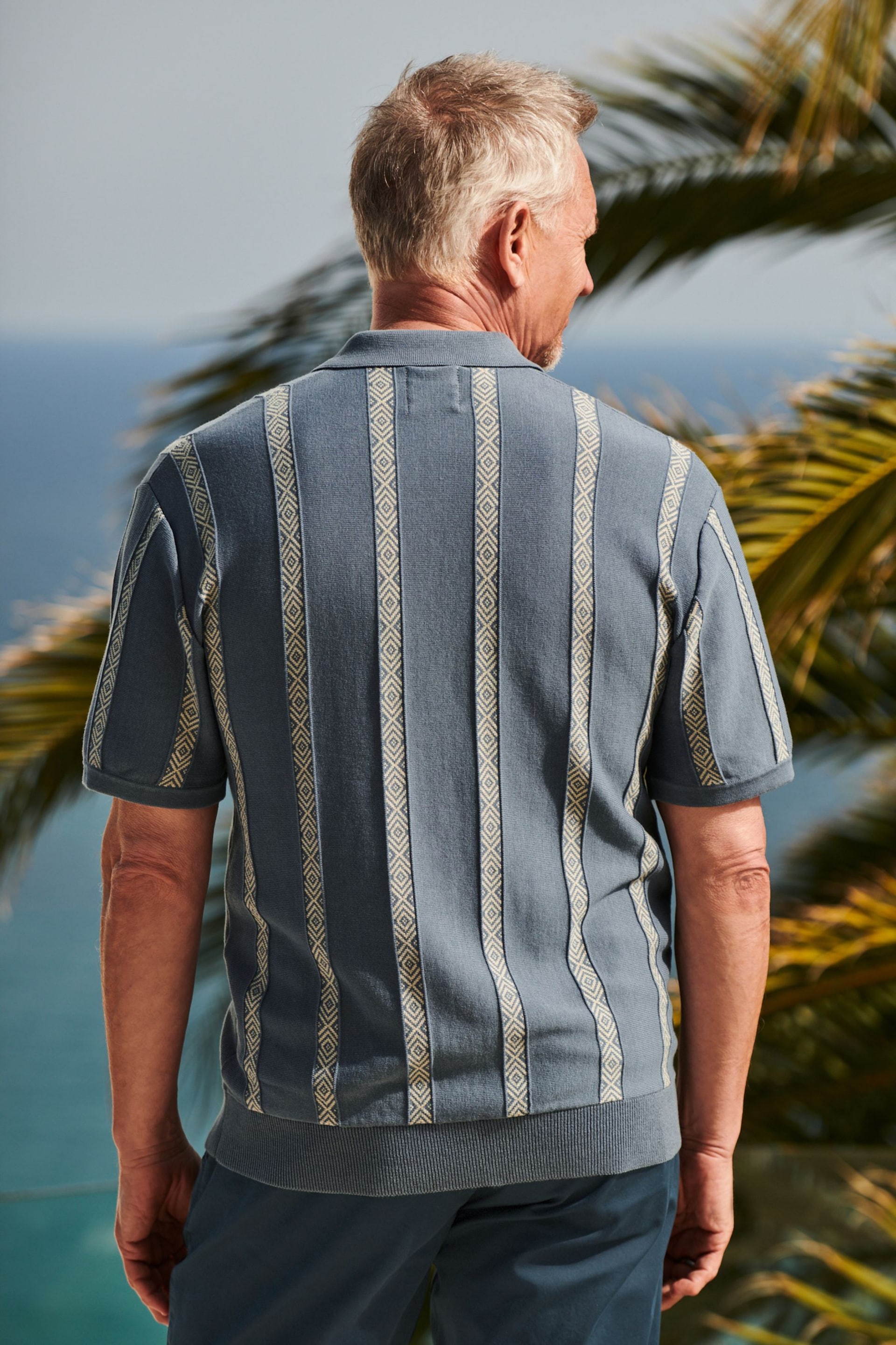 Blue Knitted Pattern Stripe Regular Fit Polo Shirt - Image 4 of 8