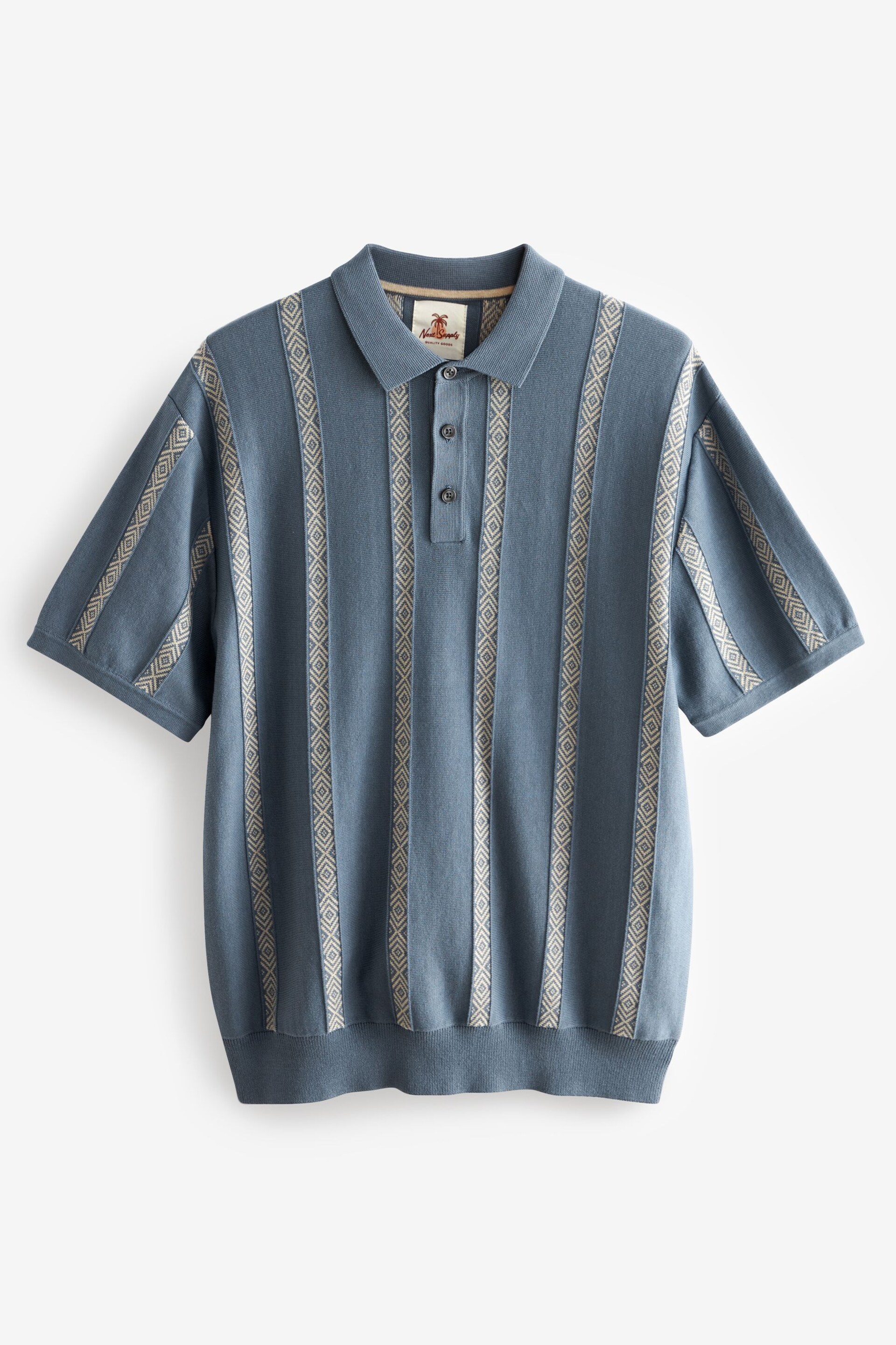 Blue Knitted Pattern Stripe Regular Fit Polo Shirt - Image 6 of 8