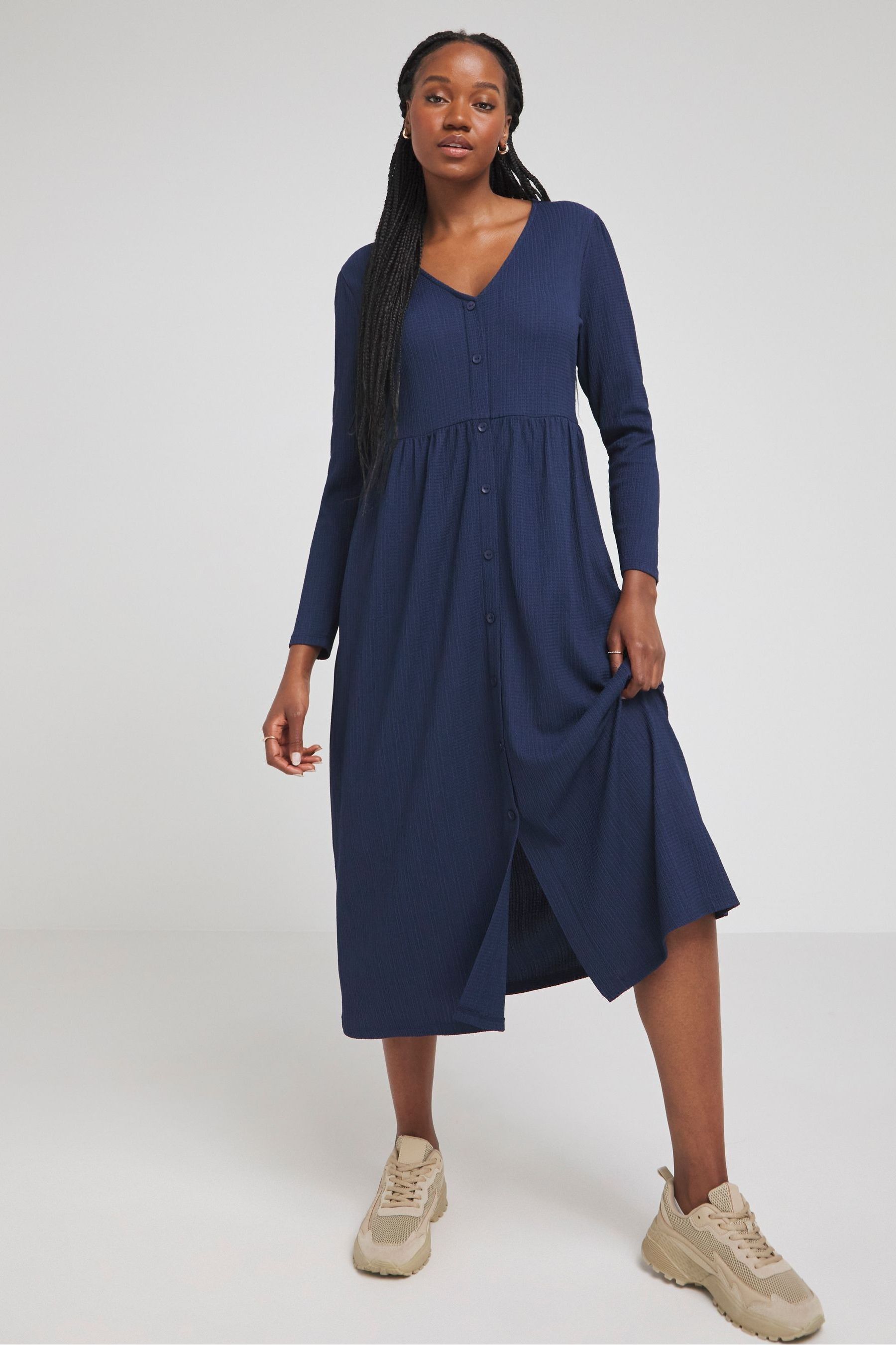 Buy Simply Be Navy Blue Waffle Button Up Midi Dress from the Next