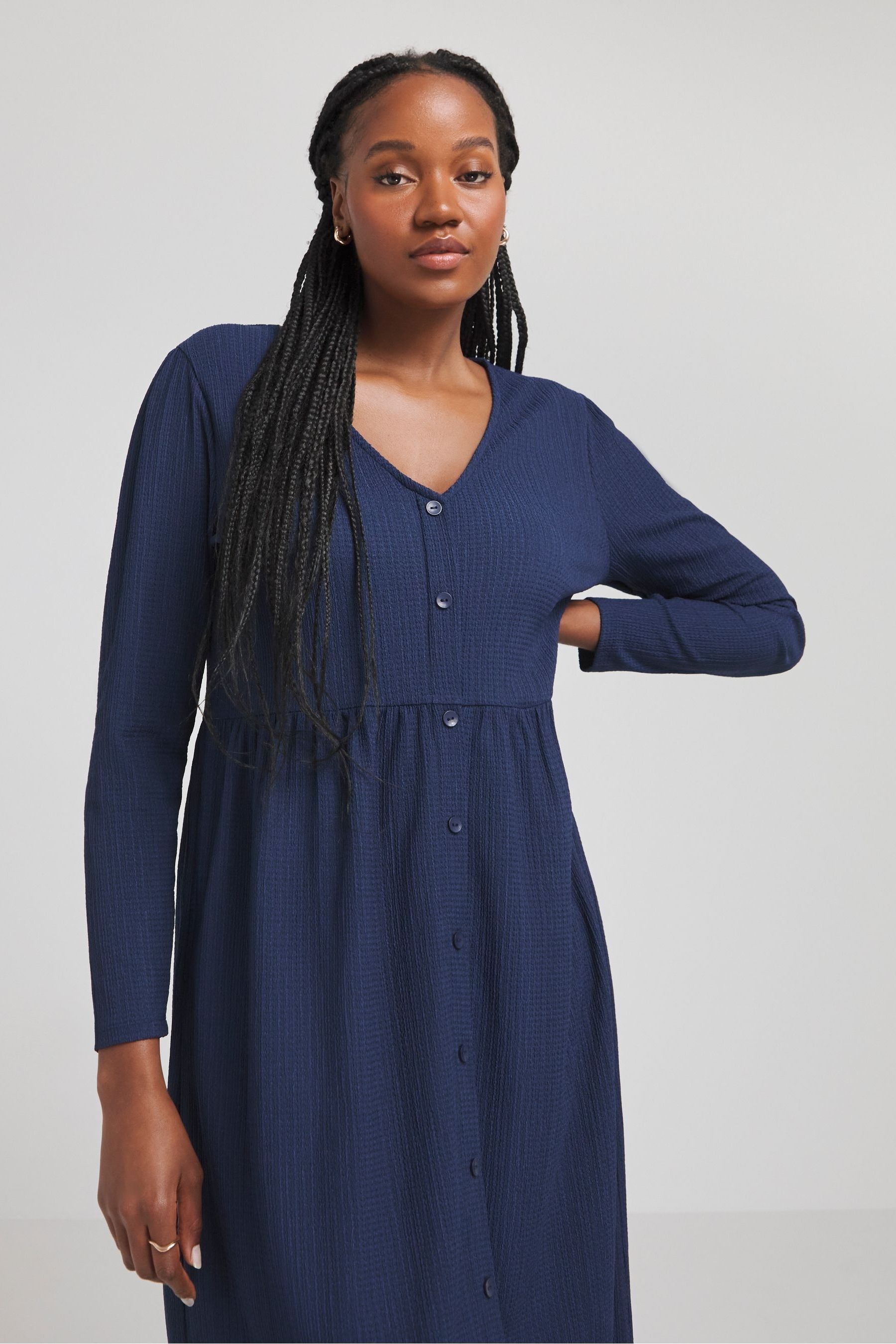 Buy Simply Be Navy Blue Waffle Button Up Midi Dress from the Next