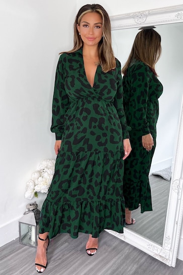 AX Paris Green Leopard Print Long Sleeve Smock Midi Dress