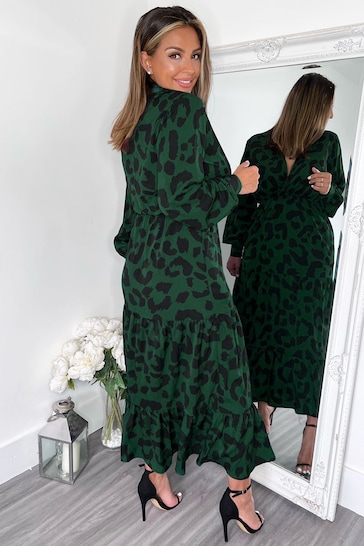 AX Paris Green Leopard Print Long Sleeve Smock Midi Dress