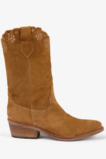 Penelope Chilvers Jesse Broderie Suede Brown Cowboy Boots