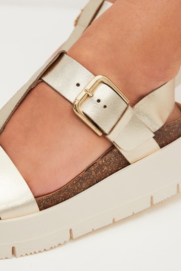 Gold Forever Comfort® Leather T-Bar Flatform Sandals