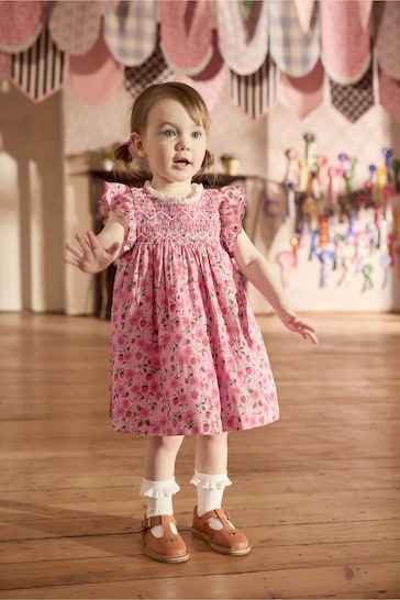 Cath Kidston Pink Strawberry Embroidered Shirred Frill Sleeve Dress (3mths-8yrs)