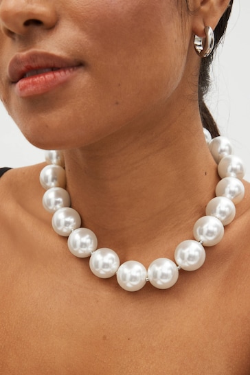 Silver Tone Large Pearl Necklace