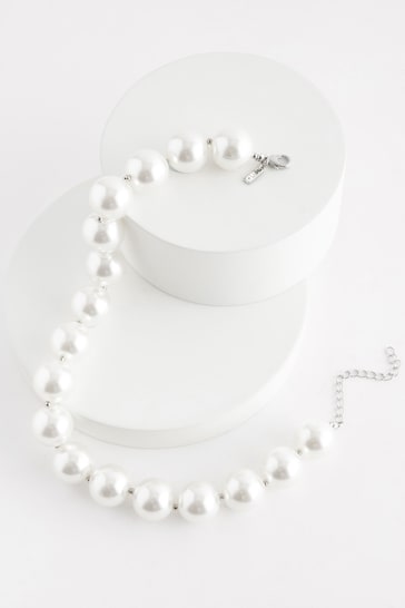 Silver Tone Large Pearl Necklace