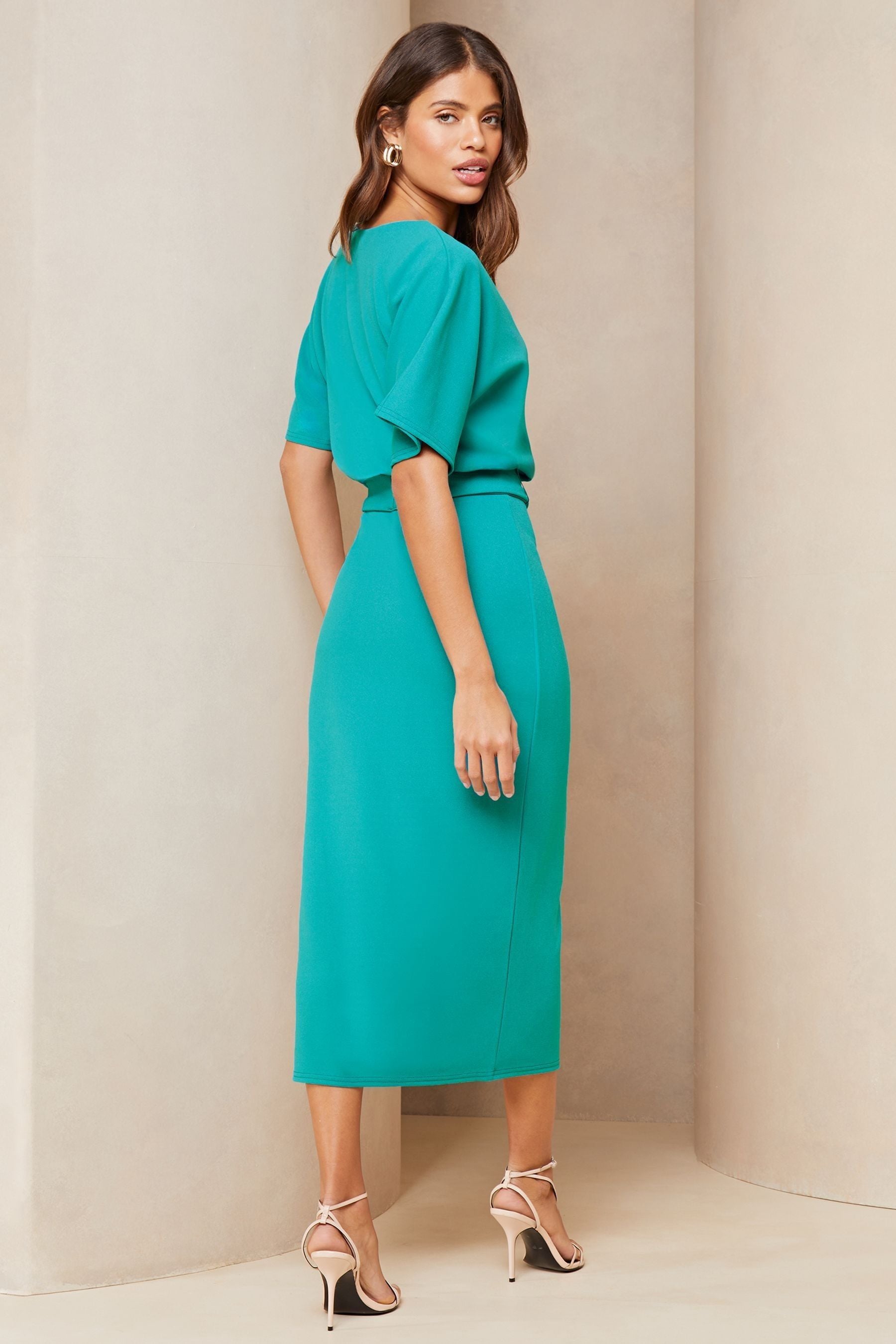 Buy Lipsy Blue V Neck Flutter Sleeve Belted Midi Dress from Next Luxembourg