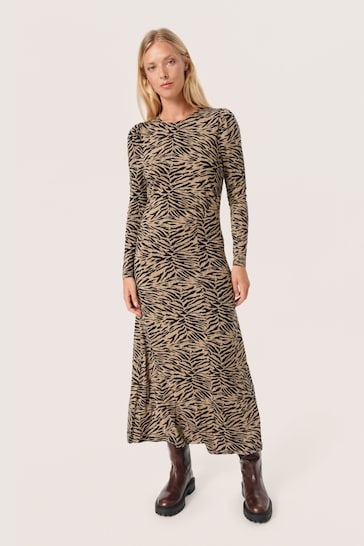 Soaked in Luxury Hanadi Printed Long Sleeve Brown Midi Dress