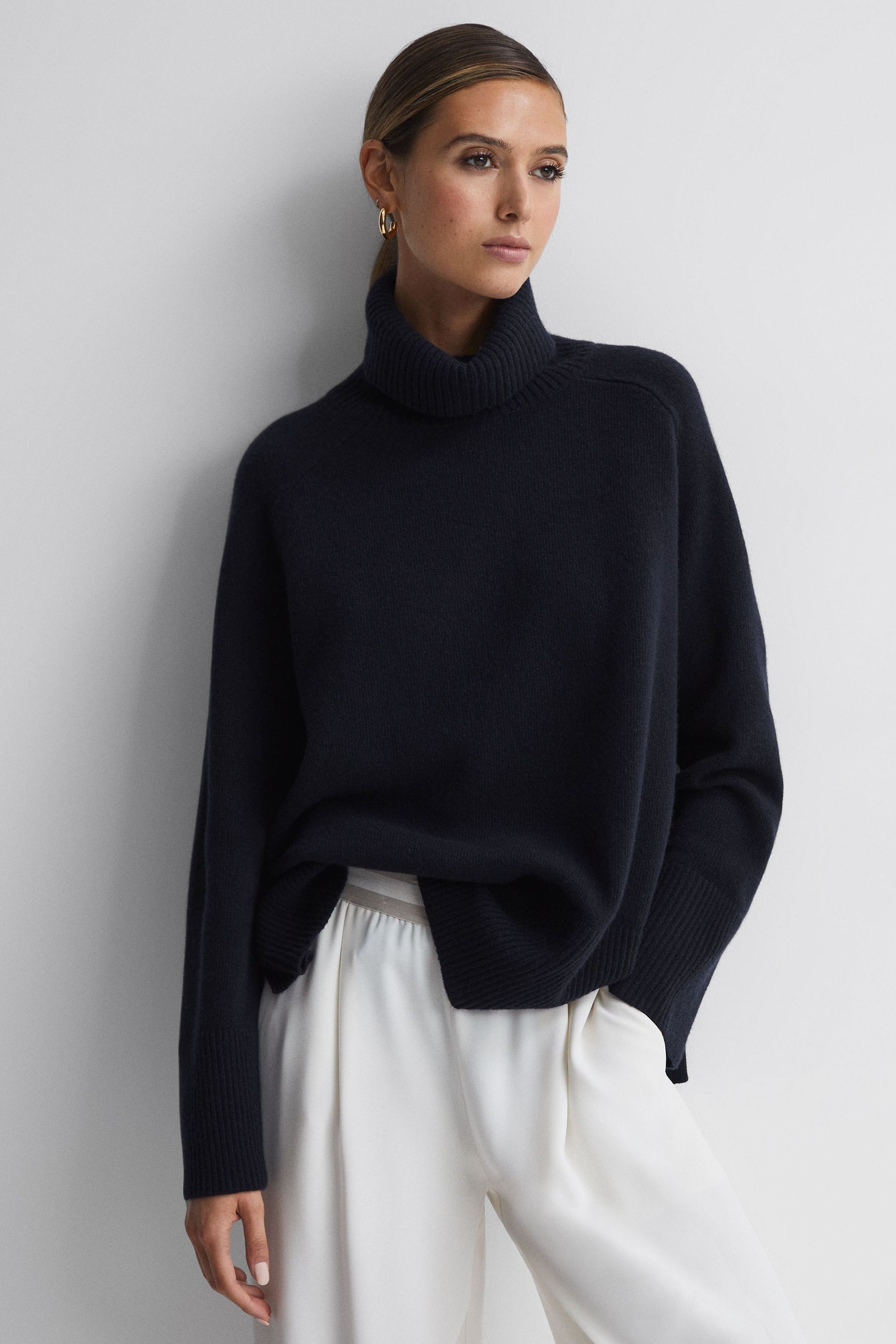 Navy cashmere roll neck jumper top
