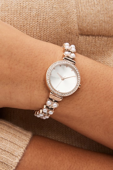 Rose Gold Tone Pearl Effect Strap Watch