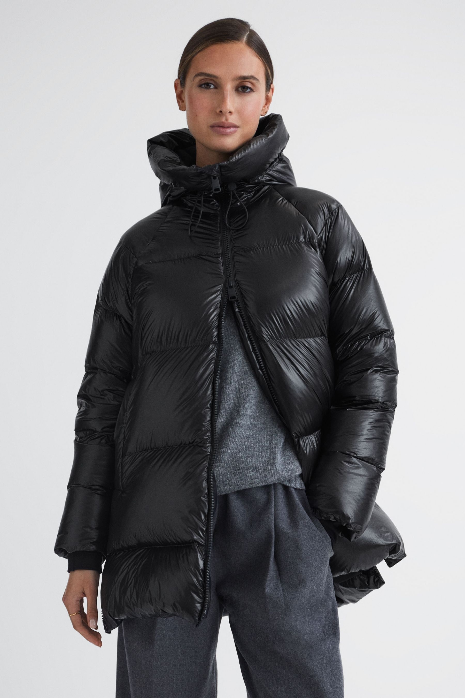 Ladies shiny black puffer jacket on sale