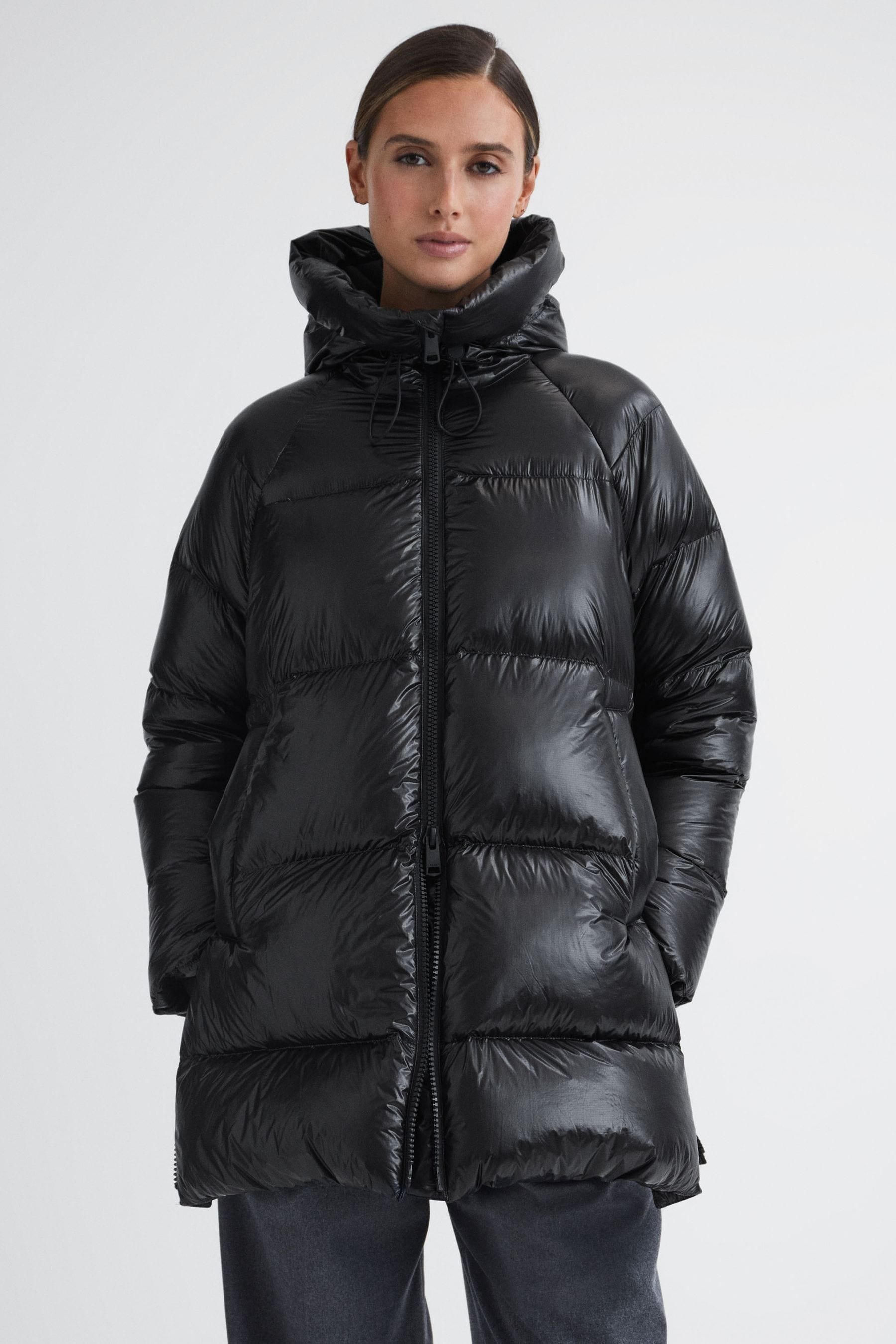 Long black shiny puffer coat shop