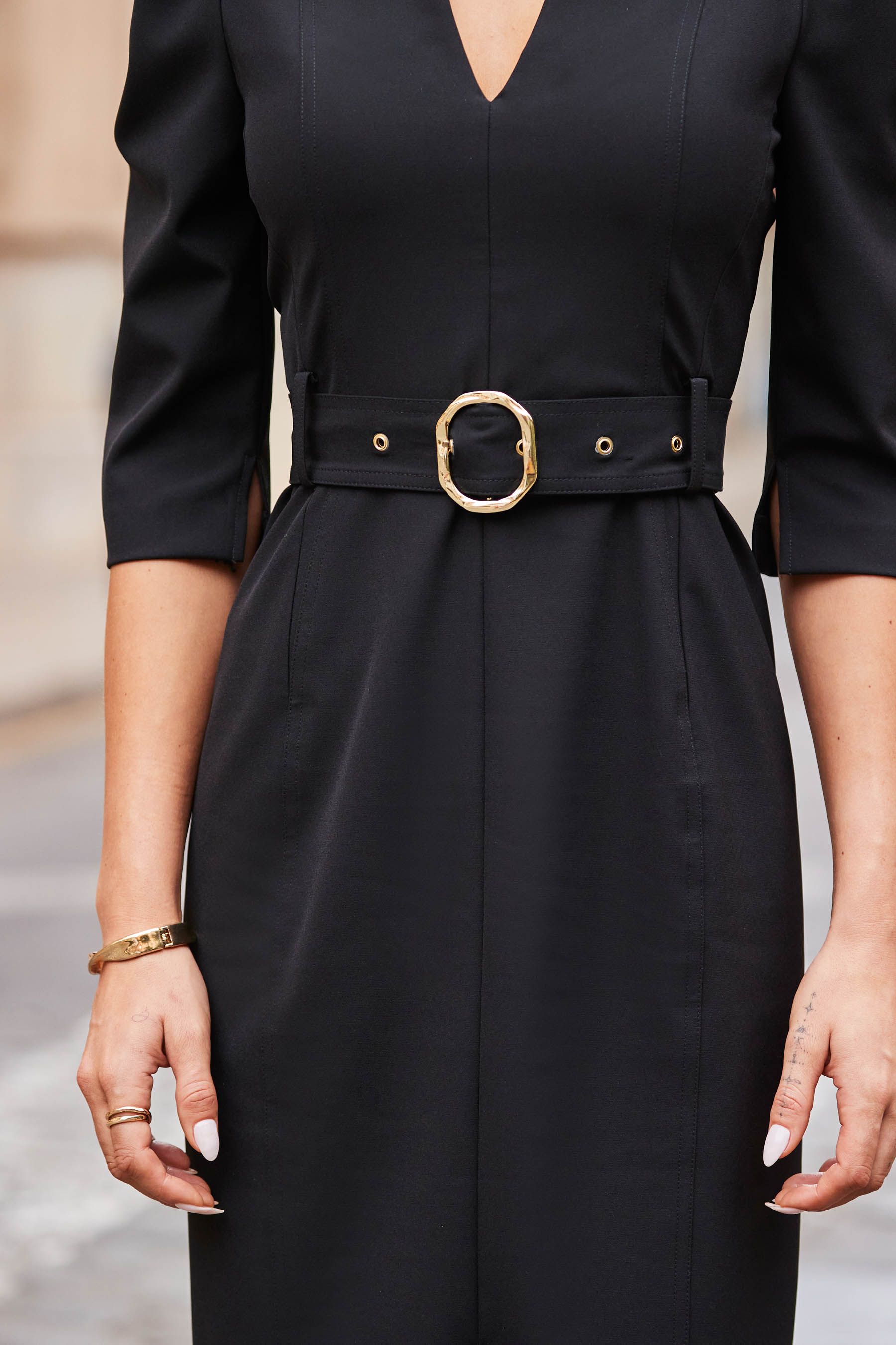 Black belted pencil dress cheap