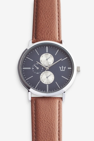 Navy Blue Dial Watch with Brown Leather Strap
