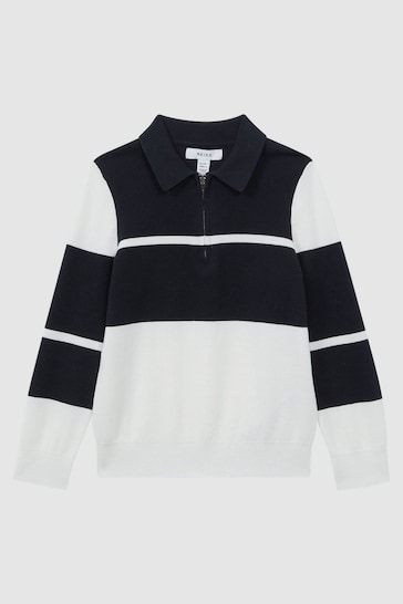 Reiss Navy/White Tokyo Senior Slim Fit Half-Zip Long Sleeve Polo Shirt