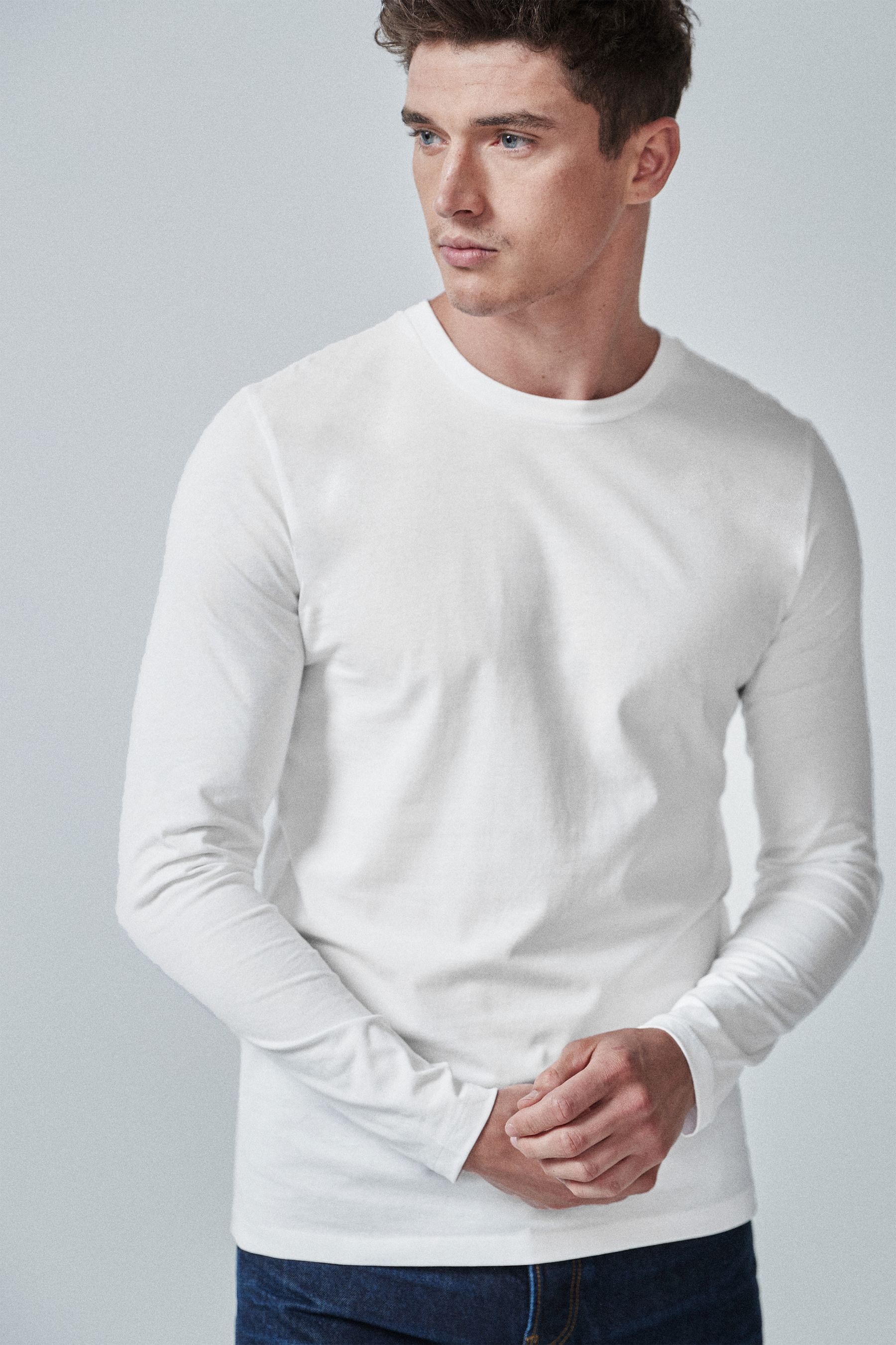White Slim Fit Long Sleeve Crew Neck 100 Cotton T Shirt