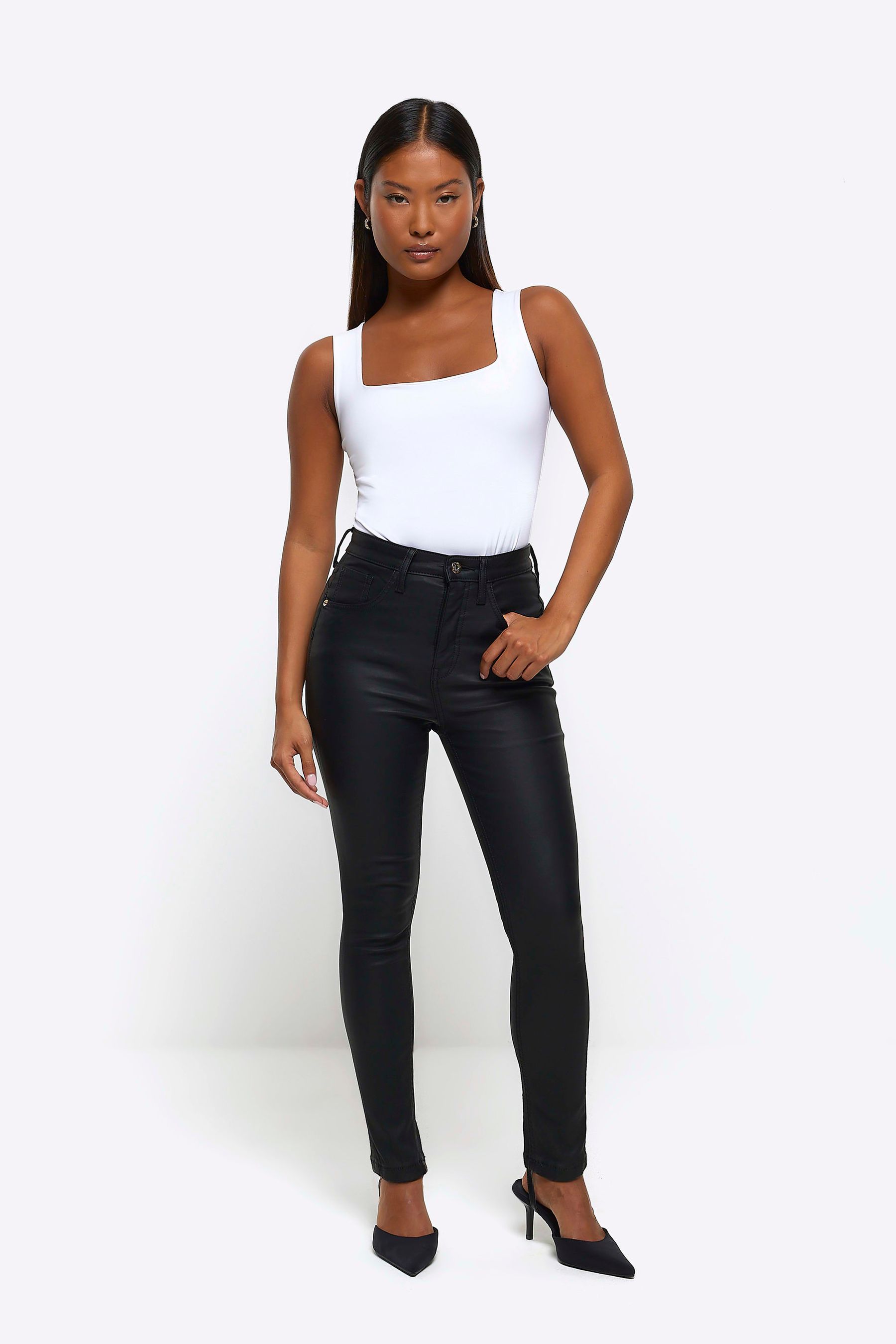 Buy River Island Black Petite High Rise Bum Scuplt Coated Jeans