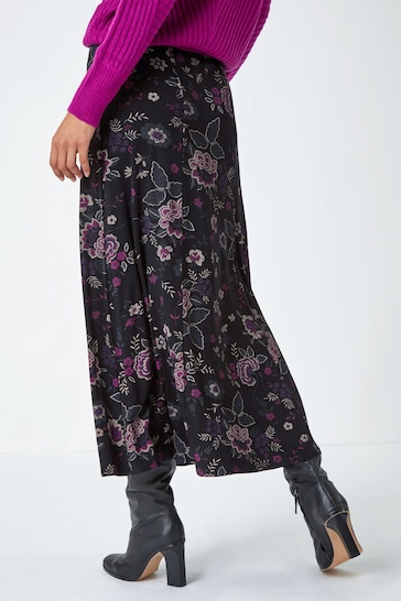 Roman Black Floral Print Stretch Midi Skirt