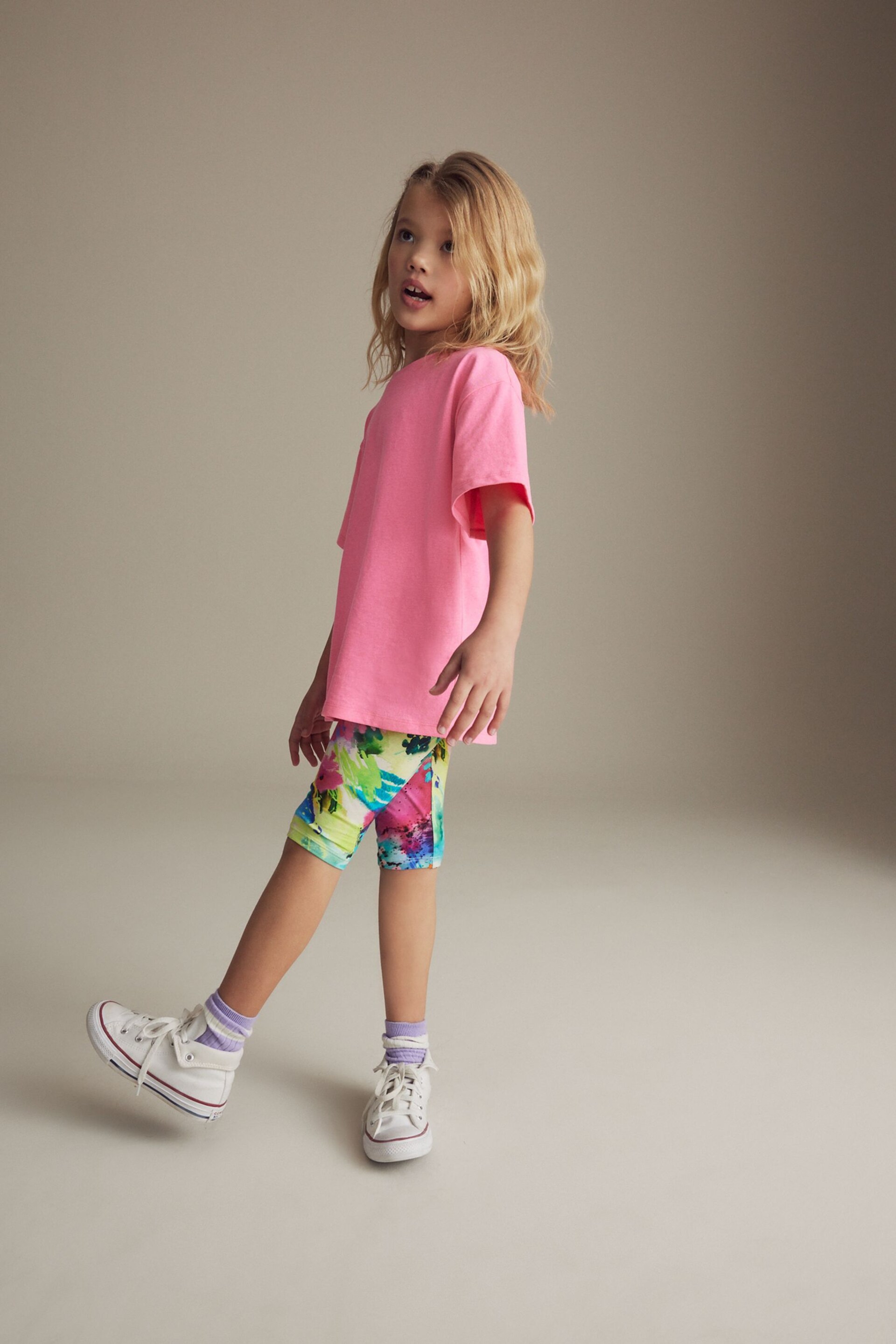 Black/ Pink/ Blue Floral Splat Print Cropped Leggings (3-16yrs) - Image 2 of 7