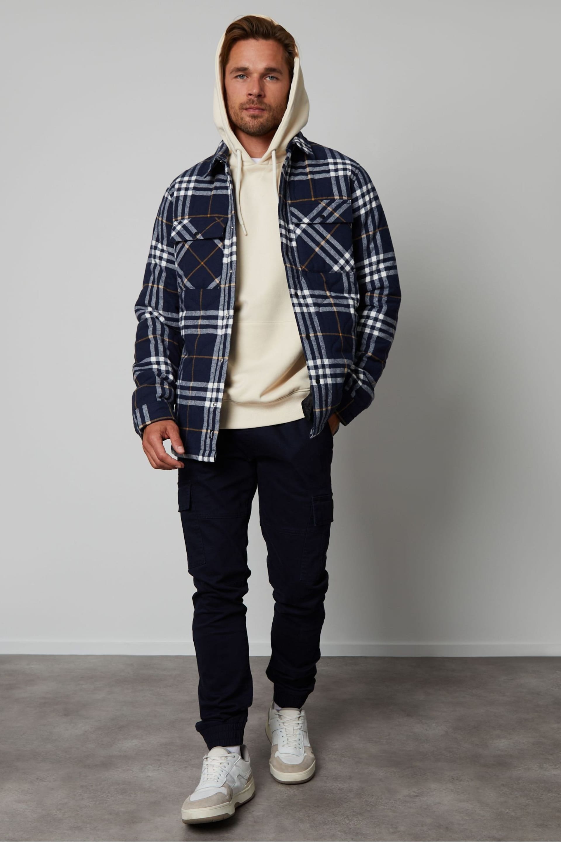 Threadbare Blue Brushed Cotton Check Overshirt With Quilted Lining - Image 3 of 4