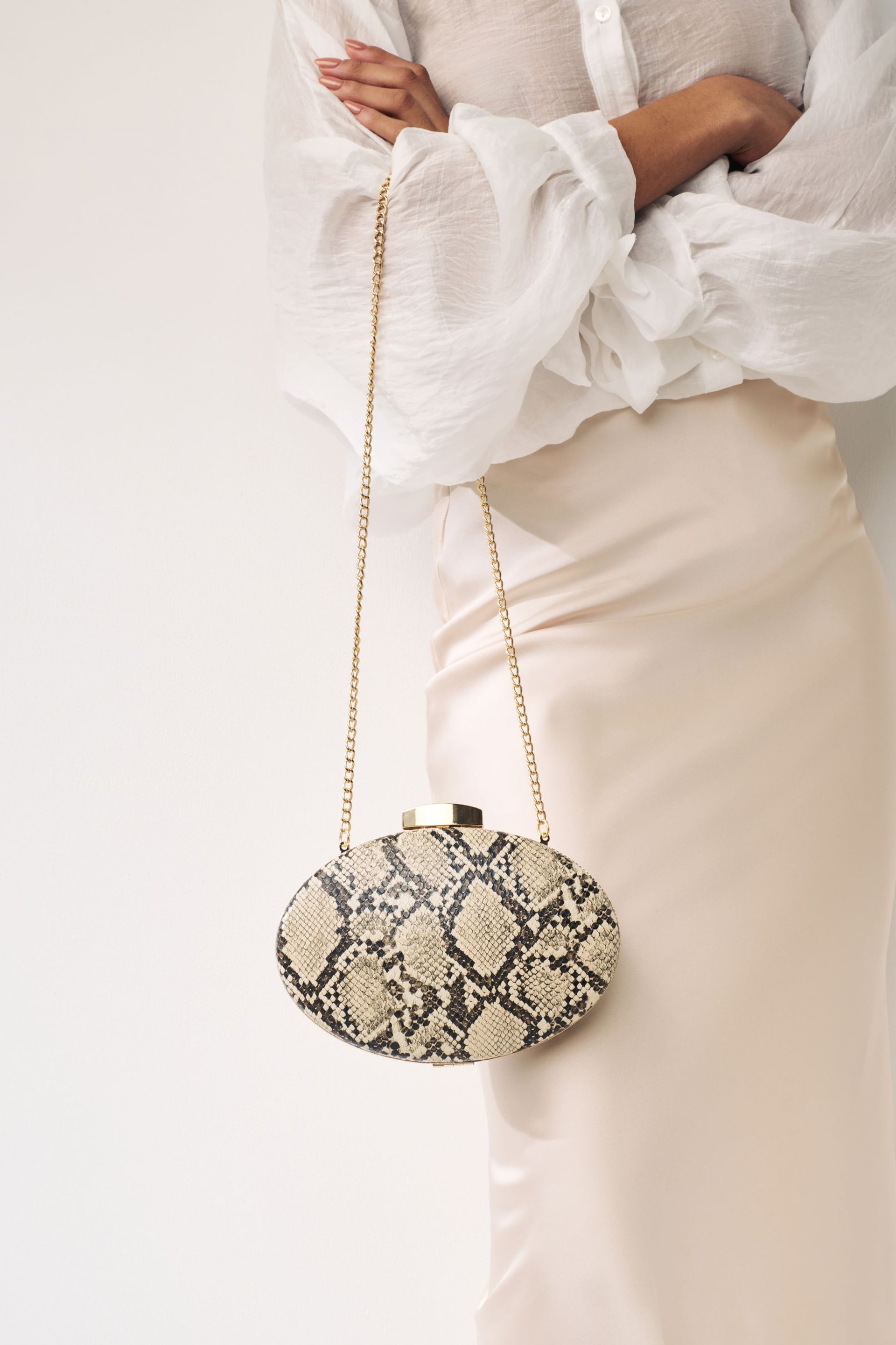 Neutral Snake Print Boxy Oval Snap Clutch Bag - Image 1 of 8