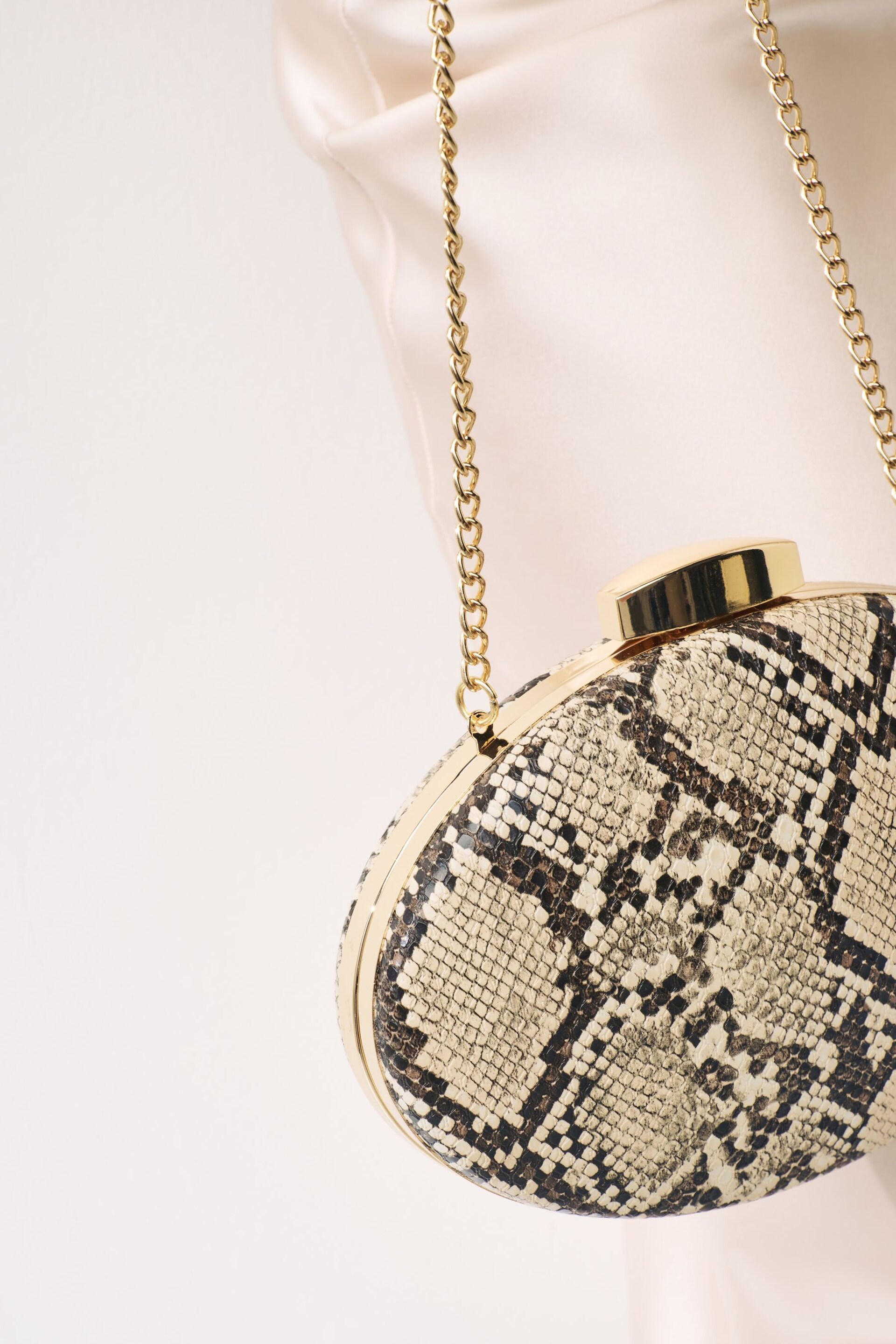 Neutral Snake Print Boxy Oval Snap Clutch Bag - Image 2 of 8