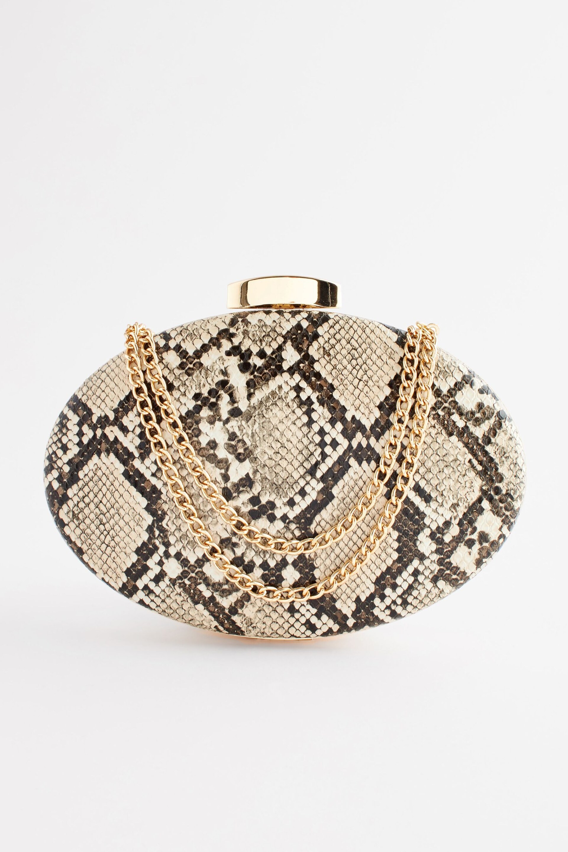 Neutral Snake Print Boxy Oval Snap Clutch Bag - Image 3 of 8