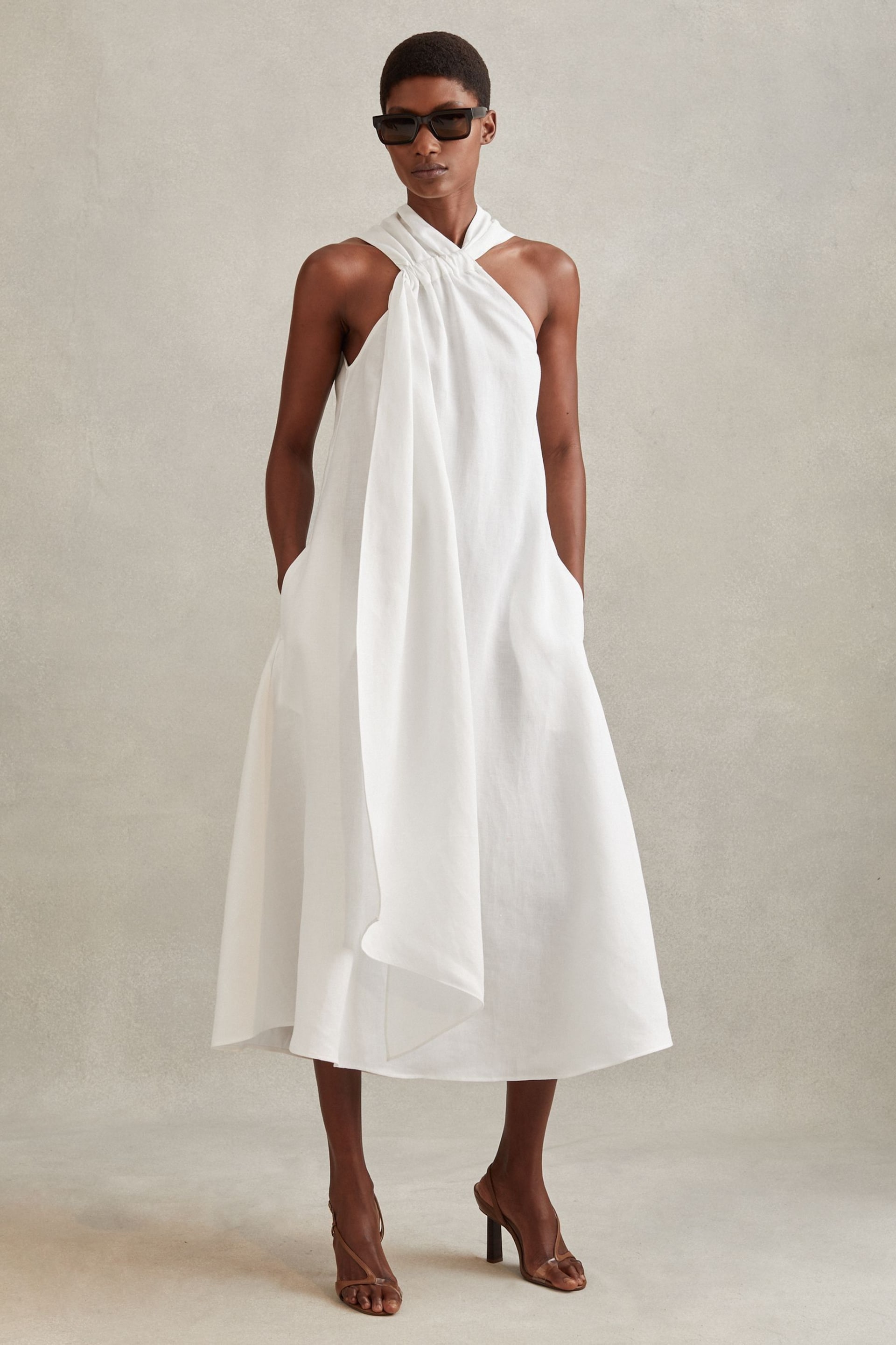Reiss White Cosette Linen Blend Drape Midi Dress - Image 1 of 5