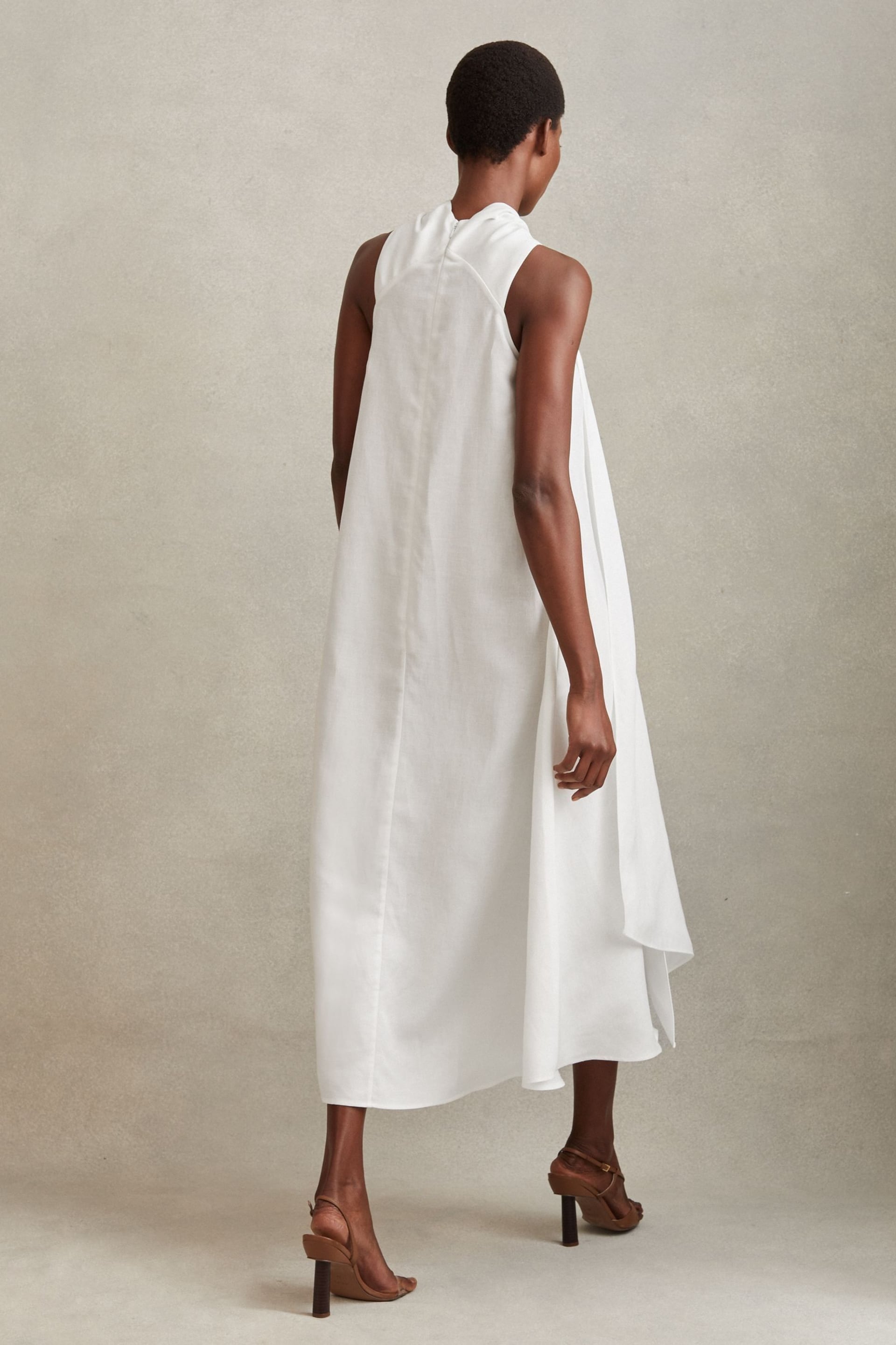 Reiss White Cosette Linen Blend Drape Midi Dress - Image 4 of 5