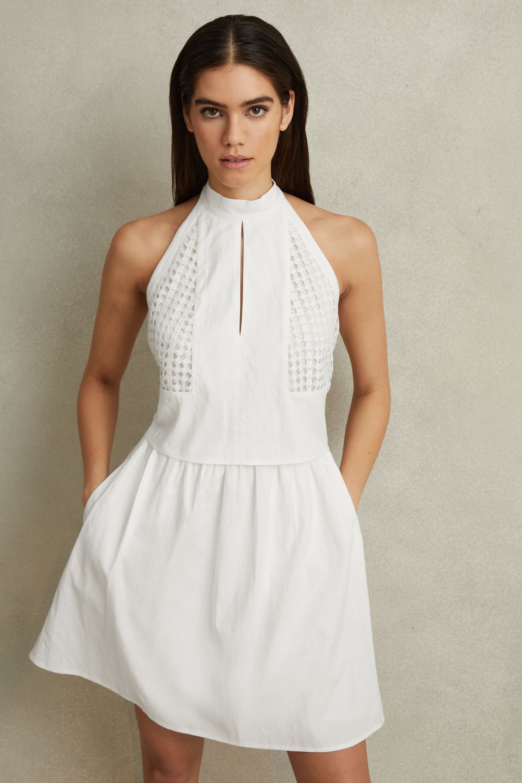 Buy Reiss White Eden Mini Broderie Halter Neck Dress from the Next