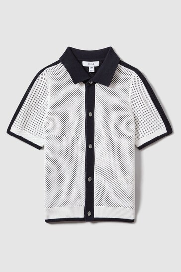 Reiss Navy/Optic White Misto Teen Cotton Blend Open Stitch Shirt