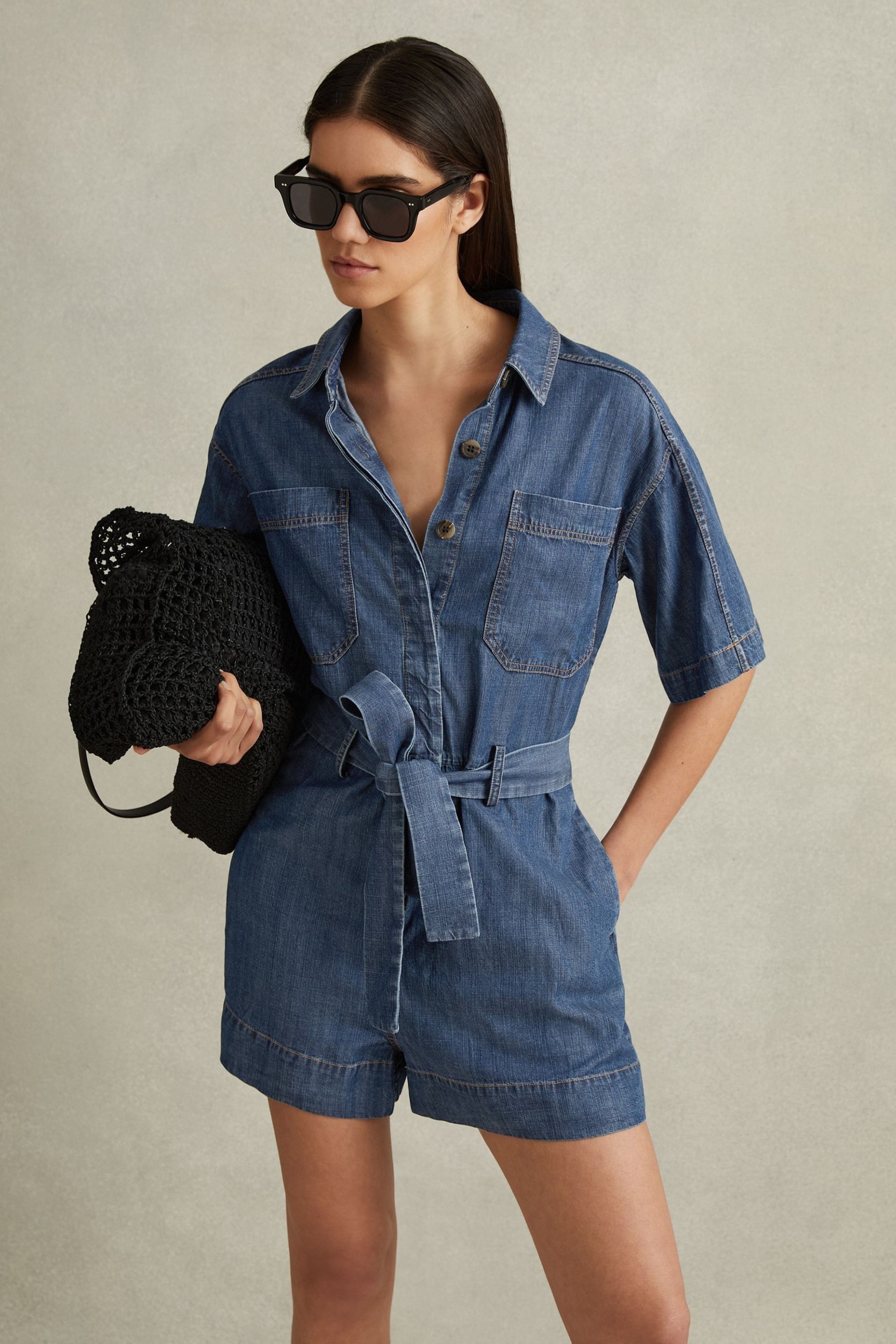 Reiss Indigo Seren Denim Belted Playsuit - Image 1 of 5