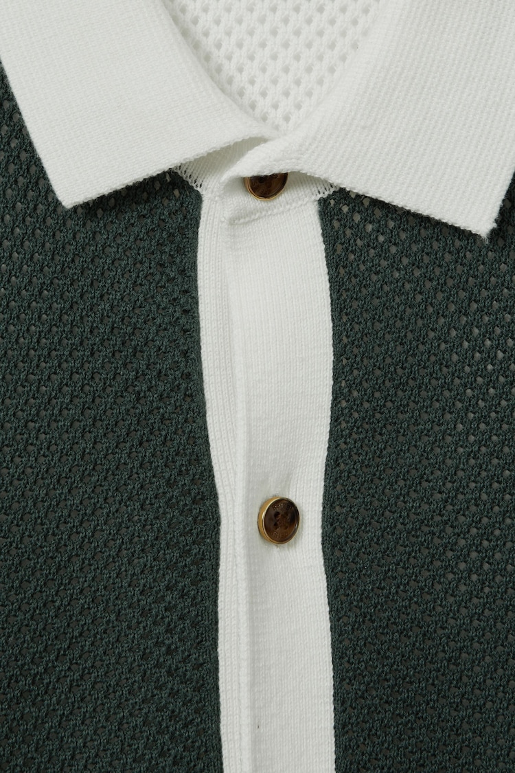 Reiss Green/Optic White Misto Teen Cotton Blend Open Stitch Shirt - Image 4 of 4