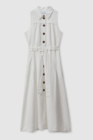 Reiss White Heidi Viscose Linen Belted Midi Dress