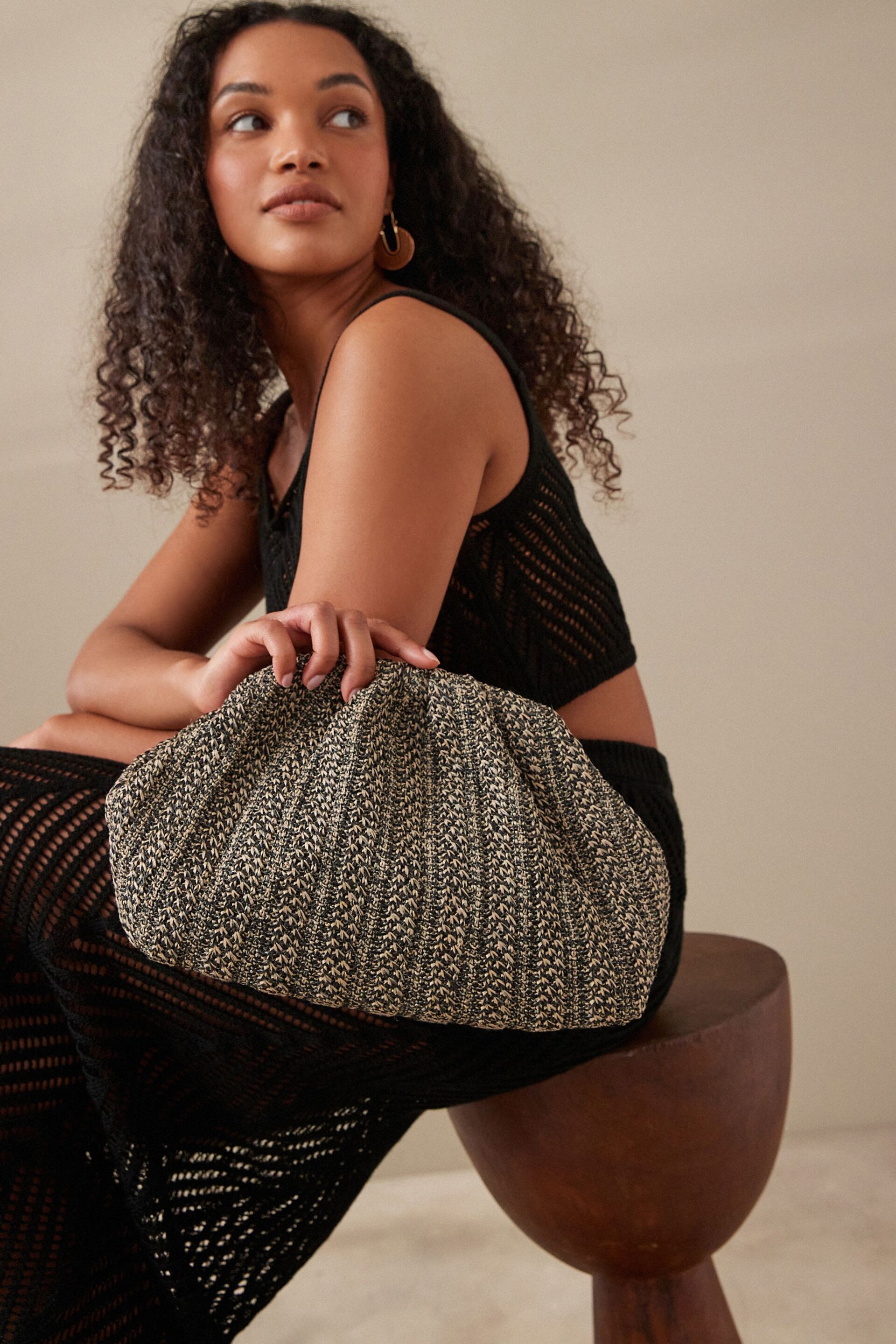 Black/White Raffia Clutch Bag - Image 1 of 10