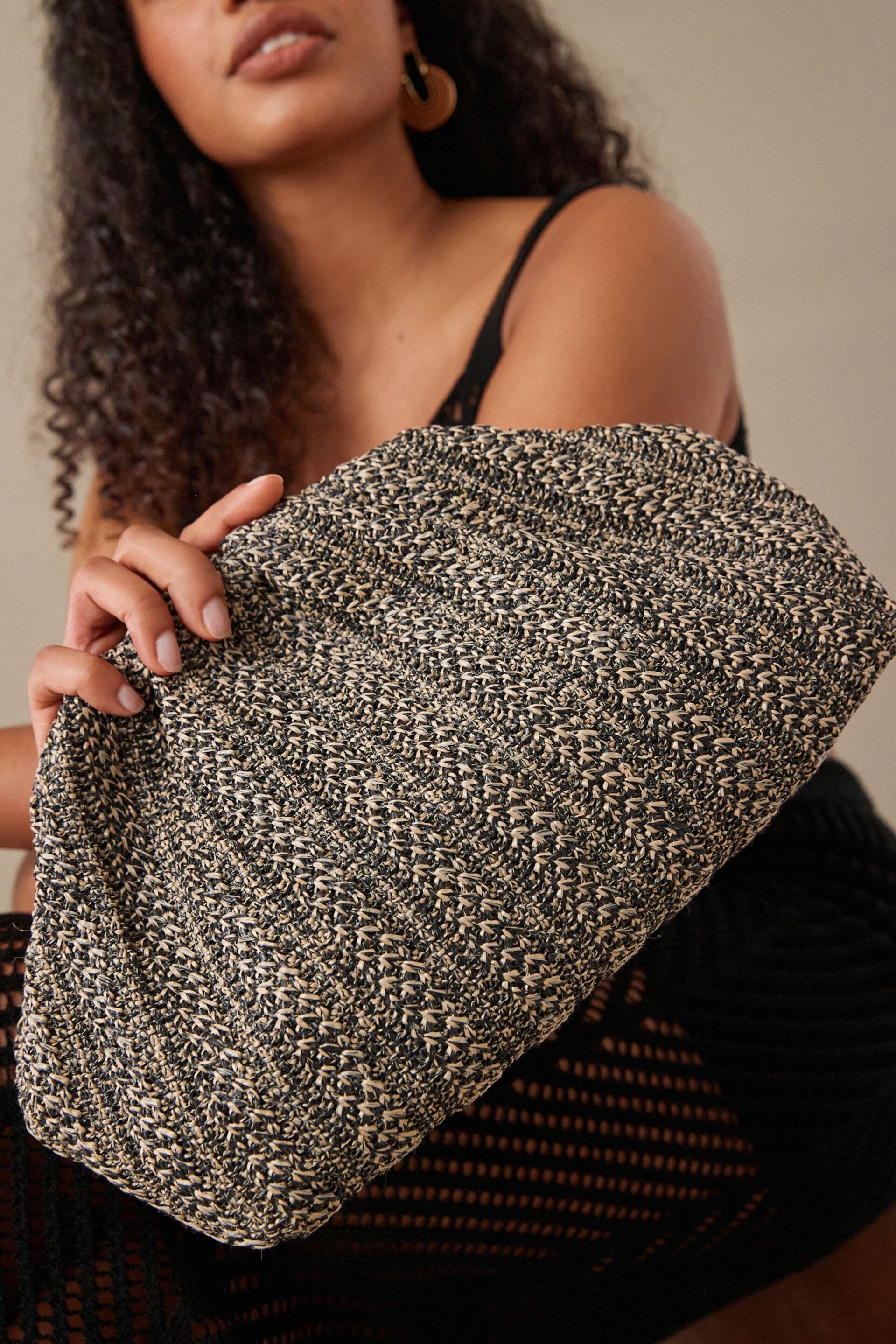 Black/White Raffia Clutch Bag - Image 3 of 10