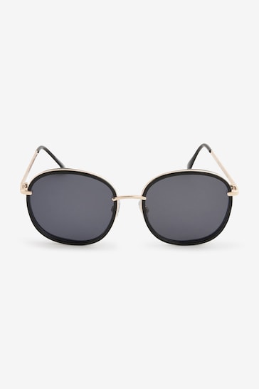 Black Gold Round Metal Trim Sunglasses