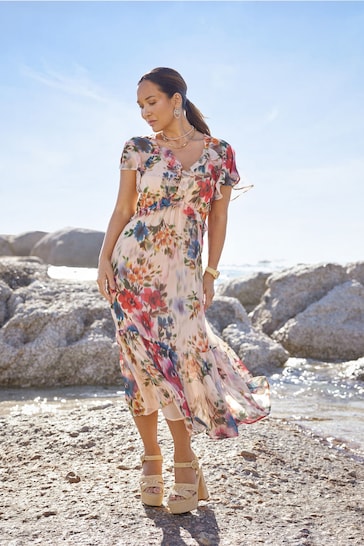 Myleene Klass Multi Printed Floral Frill Midi Dress