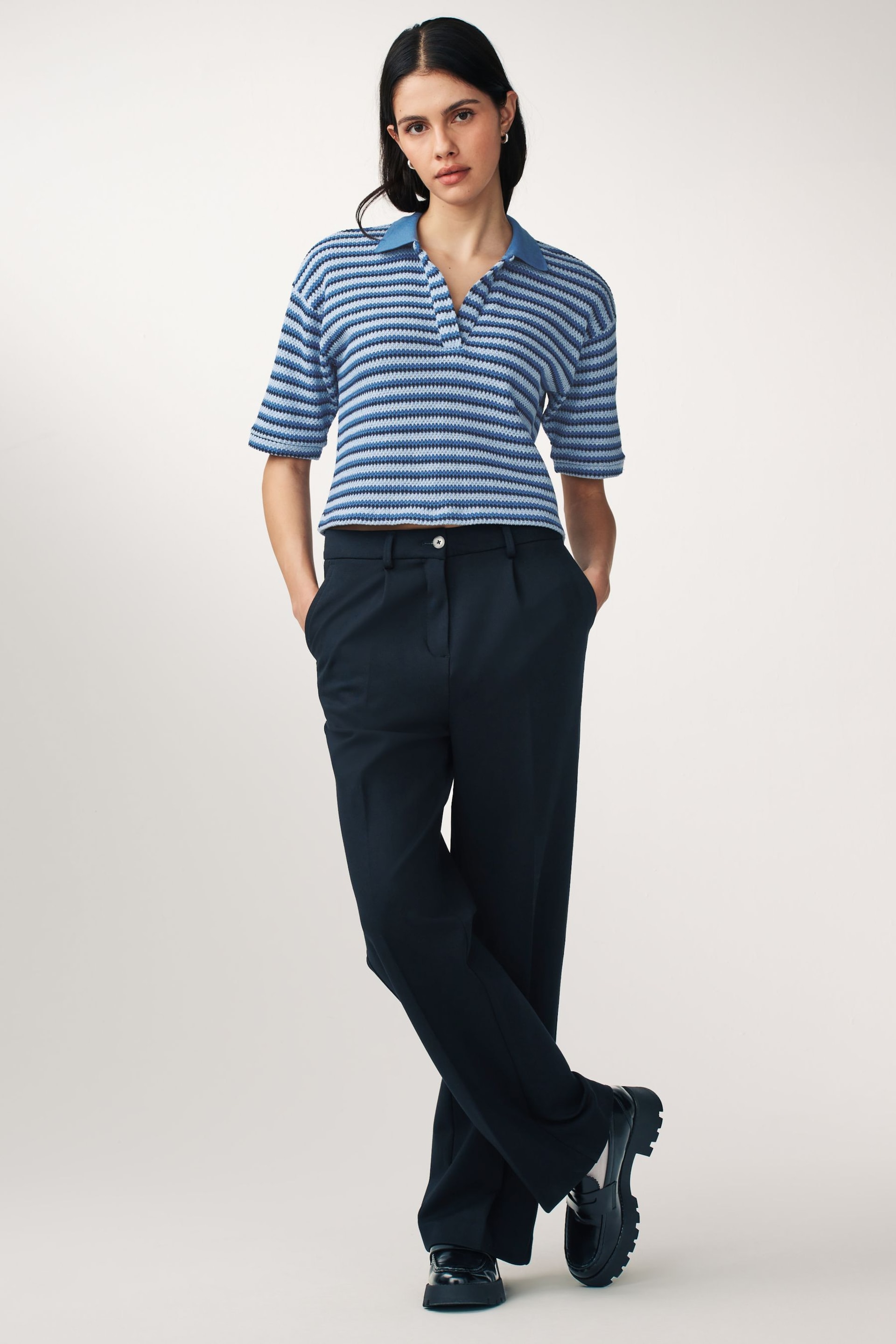 Blue Short Sleeve Crochet Polo Shirt - Image 3 of 6
