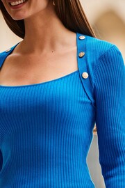 Sosandar Blue Ribbed Button Detail Fine Knit Jumper - Image 5 of 5