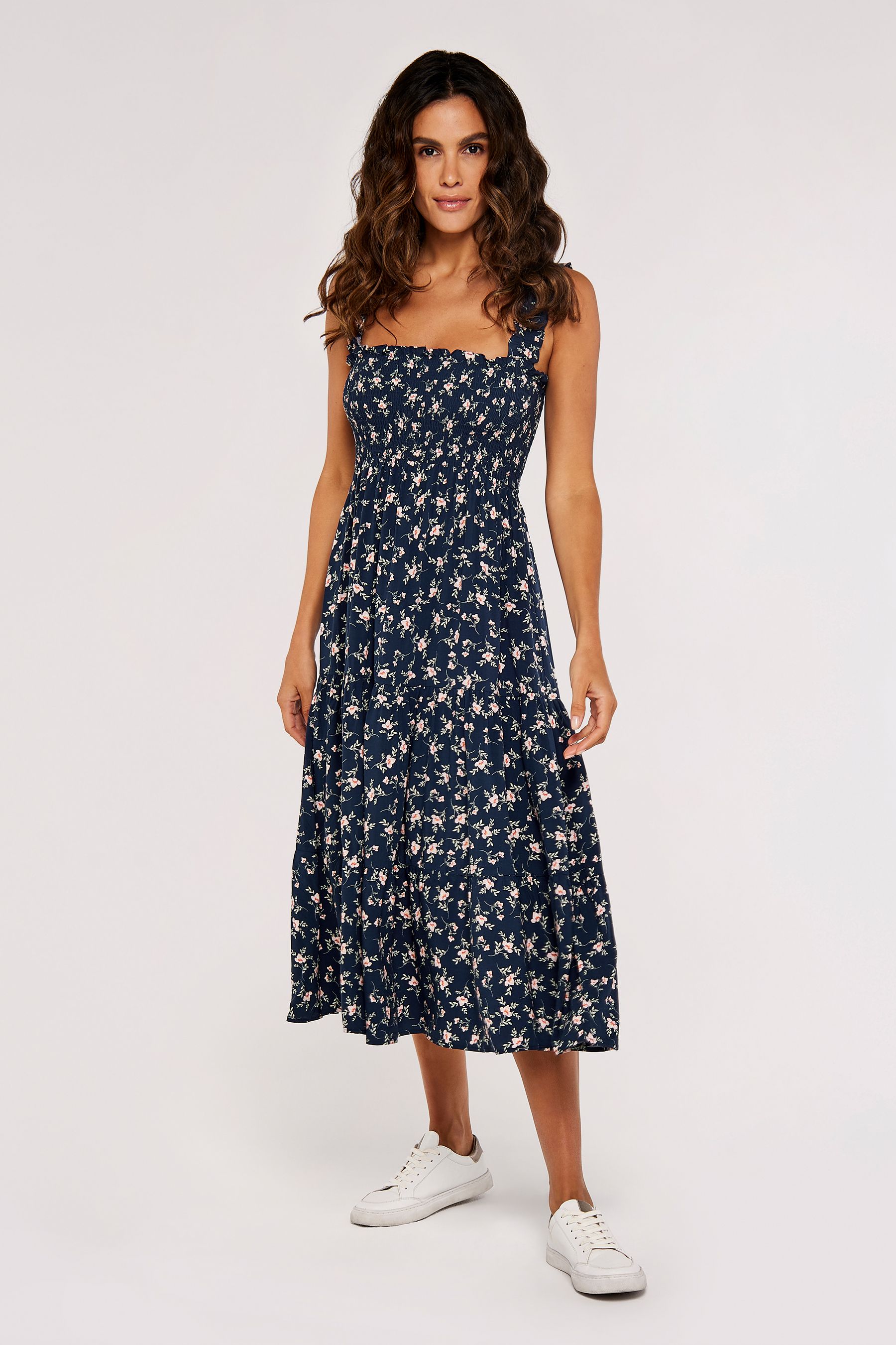 Buy Apricot Navy Blue Multi Orchid Print Smocked Midi Dress from the Next UK online shop