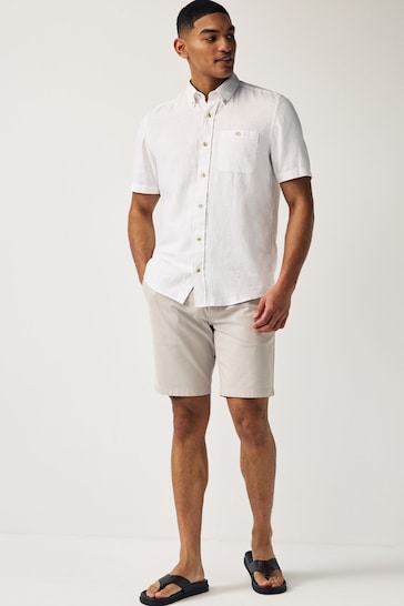 White Standard Collar Linen Blend Short Sleeve Shirt
