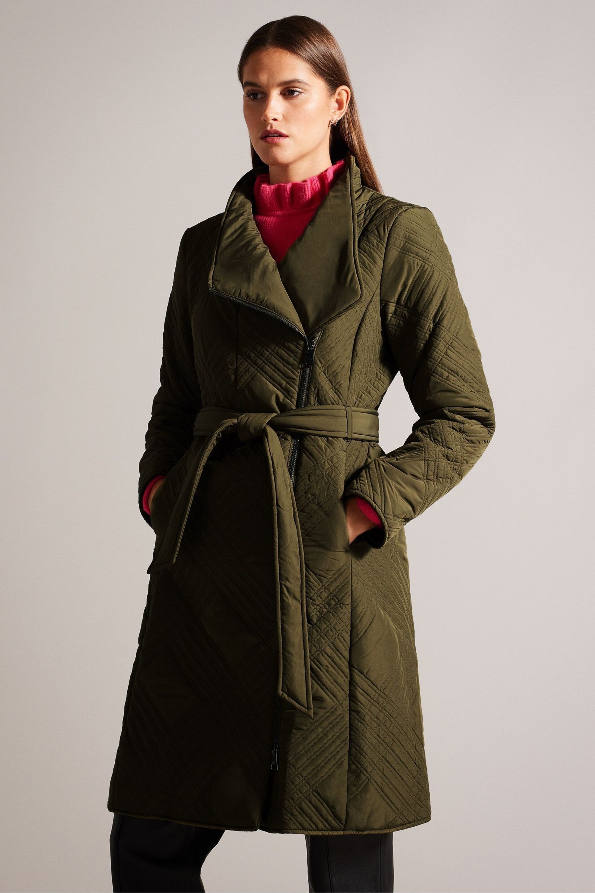 Ted Baker Green Rosemae Padded Midi Wrap Coat - Image 3 of 6