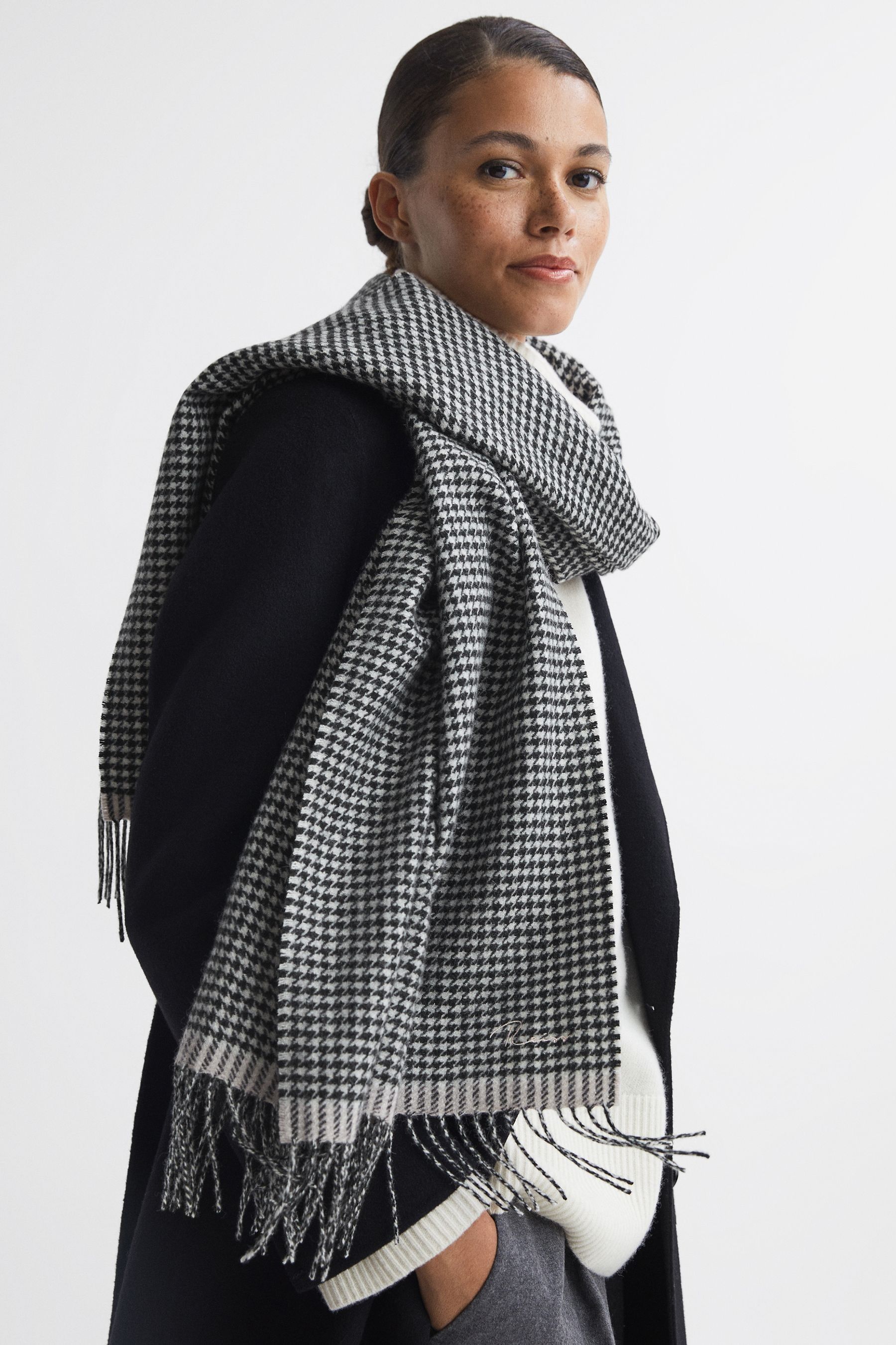 Buy Reiss Black White Victoria Wool Blend Dogtooth Embroidered